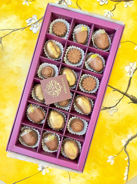 Eid Gift Box of Golden Chocolate Dates with Almonds and Chocolate Flowers for your loved ones